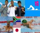 200 M kelebek erkekler, Chad le Clos (Güney Afrika), Michael Phelps (ABD) ve Takeshi Matsuda (Japonya) - Londra 2012 - Yüzme podyum